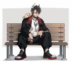 Rule 34 | 1031 ek, 1boy, animal, animal on lap, aragami oga, baggy pants, bench, black hair, cat, cat on lap, demon horns, full body, green eyes, grey background, hair between eyes, highres, holostars, horns, jacket, jewelry, looking at animal, male focus, multiple cats, multiple rings, necklace, on bench, on lap, open clothes, open jacket, pants, ring, shadow, shirt, simple background, sitting, smile, solo, spread legs, virtual youtuber, white background, white shirt