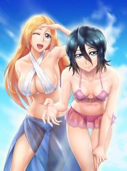 Rule 34 | 2girls, :d, arm behind back, armpits, bikini, black hair, bleach, blonde hair, blue eyes, blue sky, breasts, cleavage, closed mouth, collarbone, criss-cross halter, day, gluteal fold, hair between eyes, halterneck, hand on own knee, highres, inoue orihime, kuchiki rukia, large breasts, leaning forward, long hair, looking at viewer, multiple girls, open mouth, parted bangs, pink bikini, sakuya (liao kj), sarong, short hair, sky, small breasts, smile, standing, swimsuit, thigh gap, very long hair