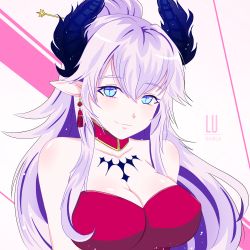 Rule 34 | 1girl, bare shoulders, blue eyes, breasts, cleavage, diabla (elsword), dress, elsword, enlay, heart, heart-shaped pupils, highres, large breasts, light purple hair, long hair, luciela r. sourcream, pointy ears, red dress, solo, strapless, strapless dress, symbol-shaped pupils, upper body