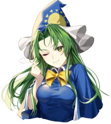 Rule 34 | 1girl, bad id, bad twitter id, blue dress, blue hat, blue sleeves, bow, breasts, closed mouth, dress, frills, green eyes, green hair, hand up, hat, heart, highres, jill 07km, long hair, long sleeves, looking at viewer, medium breasts, mima (touhou), one eye closed, simple background, smile, solo, sun symbol, touhou, touhou (pc-98), white background, yellow bow, yellow neckwear