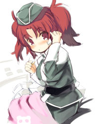 Rule 34 | 1girl, bandages, blush, closed mouth, garrison cap, green hat, green jacket, green skirt, gundam, gundam seed, gundam seed destiny, hat, jacket, kurasuke, long sleeves, looking at viewer, looking to the side, meyrin hawke, military, military jacket, military uniform, red eyes, red hair, sidelocks, skirt, solo, twintails, uniform