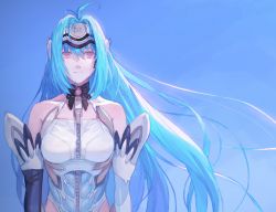 Rule 34 | 1girl, android, bare shoulders, blue hair, breasts, cleavage, cyborg, elbow gloves, forehead protector, gloves, highres, kos-mos, long hair, looking at viewer, machibari2, machihari, medium breasts, red eyes, simple background, solo, thighhighs, very long hair, xenosaga, xenosaga episode i