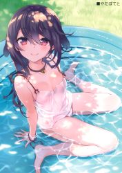 Rule 34 | 1girl, absurdres, animal ears, bare legs, barefoot, black hair, blush, breasts, cleavage, collar, collarbone, dog ears, dress, feet, from above, heart-shaped lock, highres, long hair, looking at viewer, original, outdoors, panties, partially submerged, red eyes, ribbon, sitting, smile, solo, toes, underwear, wading pool, wariza, water, wet, wet clothes, white dress, white panties, wrist ribbon, yadapot