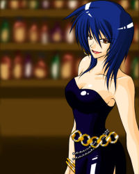 Rule 34 | 1girl, :d, arc the lad, arc the lad ii, bare shoulders, belt, blue hair, blurry, brown eyes, clo-via, collarbone, cowboy shot, depth of field, dress, earrings, jewelry, latex, long hair, miyu (hare), open mouth, shante (arc the lad), skin tight, smile, solo, strapless, strapless dress, upper body