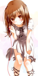 Rule 34 | 1girl, bent over, blush, brown eyes, brown hair, dress, female focus, long hair, long image, original, simple background, smile, solo, string, string of fate, tall image, toguro (ojui0101), white background