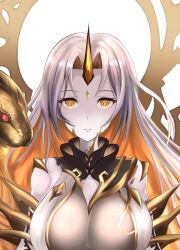 Rule 34 | 1girl, blonde hair, breasts, fire emblem, fire emblem heroes, gullveig (fire emblem), highres, horns, large breasts, looking at viewer, multicolored hair, nenemu0, nintendo, single horn, snake, solo, two-tone hair, upper body, white hair, yellow eyes