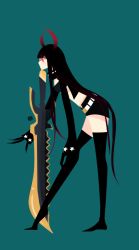 Rule 34 | 10s, 1girl, alu, black gold saw, black hair, black rock shooter, green background, horns, king saw, long hair, solo, sword, thighhighs, weapon