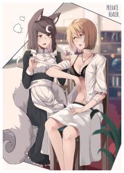 Rule 34 | 2girls, a:n (angrynum), animal ears, apron, bandages, bandaid, bandaid on face, black bra, blonde hair, blue eyes, book, bookshelf, bra, breasts, breath, brown hair, chair, cleavage, crescent, crescent hair ornament, cross, english text, globe, green eyes, hair ornament, highres, jewelry, leaf, long sleeves, maid, medium breasts, multiple girls, necklace, open clothes, open mouth, open shirt, original, revision, shirt, short hair, sitting, sweat, tail, underwear