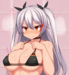 Rule 34 | 1girl, armpits, azur lane, bare arms, bare shoulders, bikini, black bikini, black neckwear, black ribbon, blush, breasts, choker, cleavage, clenched hands, closed mouth, collarbone, commentary request, flag print, german flag bikini, hair between eyes, hair ribbon, hands up, heart, jewelry, large breasts, long hair, looking at viewer, multicolored hair, nose blush, prinz eugen (azur lane), prinz eugen (unfading smile) (azur lane), red eyes, red hair, ribbon, shiny skin, silver hair, smile, solo, strap gap, streaked hair, sweat, swimsuit, two side up, underboob, upper body, very long hair, zack (haiuinndo)