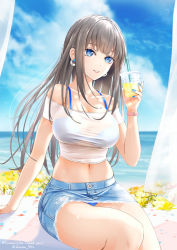 Rule 34 | 1girl, arm support, bare shoulders, bikini, bikini under clothes, blue bikini, blue eyes, blue sky, breasts, cloud, collarbone, commentary request, commission, cup, day, denim, denim skirt, disposable cup, drinking straw, earrings, grey hair, grin, hand up, holding, holding cup, jewelry, large breasts, long hair, looking at viewer, miniskirt, ocean, off-shoulder shirt, off shoulder, original, outdoors, panties, pantyshot, pencil skirt, shirt, short sleeves, sidelocks, sitting, skirt, sky, smile, solo, swimsuit, thighs, underwear, upskirt, very long hair, water, white shirt, yokaze (yokajie)