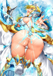 Rule 34 | 1girl, aqua eyes, armor, ass, bikini armor, blonde hair, breasts, cinderella (queen&#039;s blade grimoire), curvy, dutch angle, flipped hair, frilled sleeves, frills, huge ass, large breasts, long hair, looking at viewer, looking back, official art, parted lips, pauldrons, plump, polearm, queen&#039;s blade, queen&#039;s blade grimoire, saburou (hgmg), shoulder armor, simple background, sitting, smile, solo, thighhighs, tiara, wariza, weapon, white background, white thighhighs, wide hips, wide sleeves