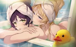 Rule 34 | 2girls, bare shoulders, bathub, blonde hair, blue eyes, blush, breasts, cleavage, commentary request, completely nude, crossed arms, green eyes, hair between eyes, hair bun, hair up, highres, large breasts, looking at another, multiple girls, nude, parted bangs, parted lips, partially submerged, purple hair, rubber duck, same-sex bathing, shared bathing, single hair bun, swept bangs, tile wall, tiles, towel, towel on head, water, wet, white towel, zawawa (satoukibi1108)