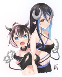 Rule 34 | 2girls, absurdres, ahoge, bandeau, belt, belt collar, black bandeau, black belt, black hair, black jacket, blue belt, blue eyes, blue hair, blush, bra, breasts, brown eyes, chest belt, closed mouth, collar, collarbone, commentary request, cropped jacket, curled horns, demon girl, demon horns, demon tail, fangs, flat chest, flower, grey horns, hair between eyes, hair flower, hair ornament, hebiyoi tier, hebiyoi tier (1st costume), highres, horns, jacket, large breasts, long bangs, long hair, long sleeves, looking at viewer, medium bangs, midriff, multicolored hair, multiple girls, nanashi inc., navel, off shoulder, oinomori may, oinomori may (1st costume), open mouth, pink bra, pink hair, pointy ears, shiroi toko, sidelocks, simple background, smile, snake bite, tail, two-tone hair, underwear, upper body, very long hair, virtual youtuber, white background