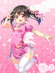 Rule 34 | 1girl, arm up, black hair, blush, bracelet, breasts, bun cover, china dress, chinese clothes, cloud, cowboy shot, double bun, dress, floral print, flower, hair between eyes, hair bun, jewelry, kurou (quadruple zero), long hair, looking at viewer, love live!, love live! school idol festival, love live! school idol project, m/, open mouth, panties, pink background, pink dress, pink footwear, pink ribbon, pink theme, print dress, puffy short sleeves, puffy sleeves, red eyes, ribbon, shoes, short sleeves, side-tie panties, side slit, small breasts, smile, solo, standing, standing on one leg, thick thighs, thighhighs, thighs, twintails, underwear, white panties, white thighhighs, wide hips, yazawa nico