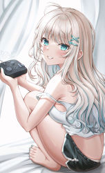 Rule 34 | 1girl, absurdres, ahoge, armpit crease, bare arms, bare shoulders, barefoot, black shorts, blue eyes, breasts, camisole, crop top, dolphin shorts, from side, grin, hair ornament, hairclip, highres, holding, long hair, looking at viewer, looking to the side, medium breasts, midriff, mole, mole under eye, multicolored hair, nail polish, original, shirt, short shorts, shorts, sleeveless, sleeveless shirt, smile, solo, spaghetti strap, strap slip, streaked hair, thighs, toenail polish, toenails, tourbox, wavy hair, white hair, white shirt, wol (wol 927), x hair ornament