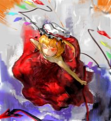 Rule 34 | 1girl, aged up, alternate costume, bad id, bad pixiv id, embodiment of scarlet devil, female focus, flandre scarlet, from above, hat, laevatein, mob cap, one eye closed, solo, touhou, wink, youyou (yoyoyo)