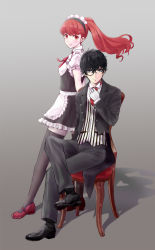 Rule 34 | 1boy, 1girl, adjusting neckwear, alternate costume, amamiya ren, apron, black eyes, black hair, black jacket, black pants, butler, buttoned cuffs, buttons, chair, commentary request, crossed legs, erimiyaman, floating hair, formal, gloves, hair between eyes, highres, jacket, lips, long hair, long sleeves, looking at viewer, maid, maid apron, maid headdress, monocle, necktie, pants, parted lips, persona, persona 5, persona 5 the royal, ponytail, red eyes, red hair, red neckwear, red ribbon, ribbon, shadow, short hair, sitting, smile, suit, teeth, thighhighs, white gloves, yoshizawa kasumi