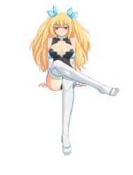 Rule 34 | 1girl, aizawa hikaru, bare shoulders, blonde hair, blue eyes, breasts, breasts squeezed together, cleavage, crossed legs, detached sleeves, enoko (zqfebi), female focus, full body, hair ribbon, highres, large breasts, leotard, long hair, microsoft, os-tan, ribbon, silverlight, simple background, sitting, smile, solo, thighhighs, white background