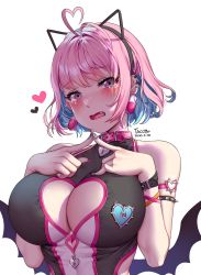 Rule 34 | 1girl, ahoge, alternate costume, animal ears, artist name, bad id, bad pixiv id, bare shoulders, blue hair, blush, bracelet, breasts, cat ears, cleavage, cleavage cutout, clothing cutout, collar, commentary request, dated, fake animal ears, fang, green nails, hair intakes, heart, heart ahoge, heart on chest, highres, idolmaster, idolmaster cinderella girls, idolmaster cinderella girls starlight stage, jewelry, large breasts, lock, looking at viewer, multicolored hair, nail polish, open mouth, pink collar, pink eyes, pink hair, pink nails, short hair, simple background, solo, spiked bracelet, spikes, tacco (tikeworld), tearing up, two-tone hair, white background, yumemi riamu