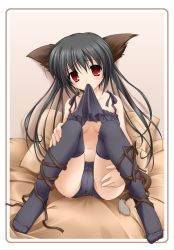 Rule 34 | 1girl, animal ears, bed, black hair, black panties, black thighhighs, breasts, camisole, cat ears, cat tail, clothes lift, fujisaki rei, lingerie, long hair, mouth hold, original, panties, pillow, red eyes, ribbon, shirt lift, sitting, skirt, skirt lift, small breasts, solo, tail, thighhighs, underboob, underwear