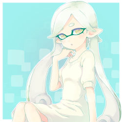 Rule 34 | 1girl, alternate hairstyle, blue background, casual, earrings, hair down, highres, inkling, inkling player character, jewelry, liruty, marie (splatoon), mole, mole under eye, nintendo, pointy ears, short-sleeved sweater, short sleeves, splatoon (series), splatoon 1, sweater, symbol-shaped pupils, tentacle hair, white hair, yellow eyes