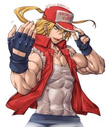 Rule 34 | 1boy, abs, amania orz, biceps, black gloves, blue eyes, dated, fatal fury, fatal fury cap, fingerless gloves, gloves, hat, muscular, muscular male, open mouth, ponytail, red hat, red vest, shirt, simple background, sleeveless, smile, snk, solo, terry bogard, the king of fighters, tight clothes, tight shirt, twitter username, upper body, vest, white background, white shirt