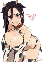 Rule 34 | 1girl, 2021, animal print, bell, bikini, black hair, blush, bow print, breasts, chinese zodiac, cleavage, collar, collarbone, cow horns, cow print, cow print bikini, cow print gloves, cow print thighhighs, demi-chan wa kataritai, elbow gloves, female focus, gloves, hair between eyes, happy new year, highres, horns, kneeling, large breasts, long hair, looking at viewer, new year, petosu (sunoco), print bikini, print gloves, print thighhighs, purple eyes, satou sakie, simple background, solo, swimsuit, thighhighs, wavy mouth, white background, year of the ox