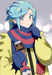 Rule 34 | 1boy, aqua eyes, aqua hair, blue mittens, blue scarf, can, commentary request, creatures (company), game freak, grey background, grusha (pokemon), highres, holding, holding can, inuyama sumisu, jacket, long sleeves, looking at viewer, male focus, medium hair, mittens, nintendo, poke ball print, pokemon, pokemon sv, scarf, solo, striped clothes, striped scarf, upper body, yellow jacket
