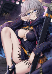 Rule 34 | 1girl, belt, black dress, black jacket, blue eyes, breasts, cleavage, cropped jacket, dress, fate/grand order, fate (series), glasses, grey hair, jacket, jacques de molay (foreigner) (fate), large breasts, long sleeves, looking at viewer, open clothes, open jacket, short dress, short hair, thighs, tyone