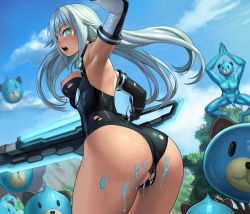 Rule 34 | 1girl, aqua eyes, arm up, armpits, ass, black heart (neptunia), black leotard, blue sky, blurry, blush, breasts, choujigen game neptune, cleft of venus, cloud, day, depth of field, detached sleeves, dissolving clothes, from behind, highleg, highleg leotard, holding, holding weapon, lasterk, leaning forward, leotard, long hair, looking back, medium breasts, mountain, neptune (series), nipples, noire (neptunia), open mouth, outdoors, penis, silver hair, sky, solo focus, standing, sweatdrop, torn clothes, torn leotard, tree, weapon