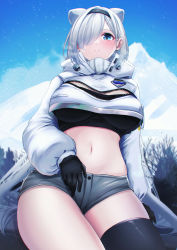 Rule 34 | 1girl, absurdres, animal ears, arknights, ataririri, aurora (arknights), bear ears, black gloves, black hairband, black shirt, black thighhighs, blue eyes, blue sky, blush, commentary request, cowboy shot, crop top, cropped jacket, day, gloves, grey shorts, hair over one eye, hairband, highres, jacket, long hair, long sleeves, looking at viewer, midriff, mountain, navel, outdoors, shirt, short shorts, shorts, single thighhigh, sky, smile, solo, stomach, thighhighs, very long hair, white hair, white jacket