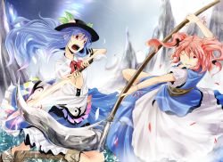 Rule 34 | 2girls, battle, blue hair, bow, bracelet, breasts, cross-laced footwear, female focus, food, frills, fruit, grin, hair bobbles, hair ornament, hat, hinanawi tenshi, jewelry, kakao (noise-111), leaf, long hair, long skirt, medium breasts, multiple girls, obi, one eye closed, onozuka komachi, open mouth, peach, red eyes, red hair, sash, scythe, short sleeves, skirt, smile, sword, sword of hisou, touhou, twintails, two side up, very long hair, weapon, wink
