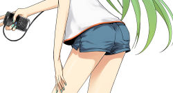 Rule 34 | 1girl, ass, blackberry ltd, couzone, green hair, hatsune miku, highres, long hair, lower body, nail polish, short shorts, shorts, simple background, solo, thighs, v, very long hair, vocaloid, white background