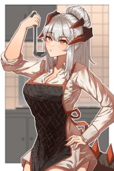 Rule 34 | 1girl, absurdres, alternate hairstyle, apron, arknights, arm up, black apron, border, breasts, cleavage, commentary, cowboy shot, dress, english commentary, hand on own hip, highres, holding, holding ladle, horns, indoors, ladle, large breasts, long hair, long sleeves, najashi, orange eyes, outline, outside border, ponytail, saria (arknights), short dress, sidelocks, silver hair, solo, standing, tail, white border, white dress, white outline