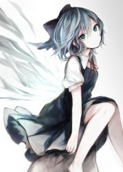 Rule 34 | 1girl, barefoot, blue bow, blue dress, blue eyes, blue hair, bow, cirno, collared shirt, dress, gradient background, hair between eyes, hair bow, hasunokaeru, head tilt, ice, ice wings, looking at viewer, neck ribbon, puffy short sleeves, puffy sleeves, red ribbon, ribbon, shirt, short hair, short sleeves, simple background, smile, solo, touhou, wings