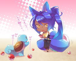 Rule 34 | 1girl, animal ears, blue hair, brown eyes, cellphone, chibi, creatures (company), dark skin, fox ears, fox tail, game freak, gen 1 pokemon, halftone, halftone background, holding, holding phone, long hair, looking at another, multiple tails, nintendo, open mouth, original, outstretched arms, phone, poke ball, pokemon, pokemon (creature), pokemon go, ponytail, shaneru, smartphone, squirtle, standing, sweatdrop, tail, translated, very long hair, yellow eyes