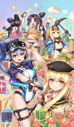 5girls beret bikini black_bikini black_hair black_hat black_sailor_collar blindfold blonde_hair blue_bikini blue_bow blue_eyes blue_jacket blue_one-piece_swimsuit bow breasts chibi cube energy_sword facial_mark fate/grand_order fate_(series) flower forehead forehead_mark glowstick hair_between_eyes hair_bow hair_bun hair_pulled_back hand_fan hat head-mounted_display head_wings headset highleg highleg_one-piece_swimsuit horns ibaraki_douji_(fate) ibaraki_douji_(fate/grand_order) ibaraki_douji_(swimsuit_lancer)_(fate) jacket large_breasts long_hair long_sleeves looking_at_viewer multiple_girls navel official_art one-piece_swimsuit oni open_clothes open_jacket open_mouth parted_bangs pickaxe ponytail red_eyes sailor_collar shigatake shirt short_sleeves side_ponytail sidelocks single_side_bun smile swimsuit sword taira_no_kagekiyo_(fate) tattoo thigh_strap thrud_(fate) tomoe_gozen_(fate) tomoe_gozen_(swimsuit_saber)_(fate) tomoe_gozen_(swimsuit_saber)_(first_ascension)_(fate) two-tone_swimsuit ushiwakamaru_(fate) ushiwakamaru_(fate/grand_order) ushiwakamaru_(swimsuit_assassin)_(fate) valkyrie_(fate) very_long_hair weapon white_hair white_one-piece_swimsuit white_shirt wings yellow_eyes yellow_shirt