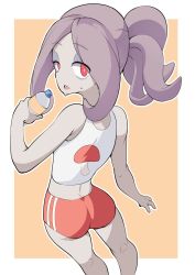 Rule 34 | 1girl, ass, bottle, commentary request, eyeshadow, feet out of frame, from behind, highres, holding, holding bottle, little witch academia, long hair, looking back, makeup, midriff, mushroom, outline, pale skin, parted lips, ponytail, popopo, purple hair, red eyes, red shorts, sharp teeth, shirt, shorts, sidelocks, sleeveless, sleeveless shirt, solo, sucy manbavaran, sweatdrop, teeth, water bottle, white outline
