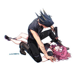 Rule 34 | 1boy, 1girl, arm tattoo, bare arms, black choker, black footwear, black gloves, black hair, black pants, black shirt, boy on top, brown eyes, choker, fingerless gloves, fudo yusei, full body, gloves, grey socks, gun, hair between eyes, hair over eyes, handgun, highres, holding, holding gun, holding weapon, izayoi aki, long hair, looking at another, lying, multicolored hair, naoki (2rzmcaizerails6), on back, on one knee, pants, red hair, shirt, simple background, sketch, sleeveless, sleeveless shirt, socks, spiked hair, strapless, tattoo, two-tone hair, weapon, white background, yu-gi-oh!, yu-gi-oh! 5d&#039;s
