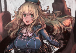 Rule 34 | 1girl, ascot, atago (kancolle), beret, black gloves, blonde hair, blue hat, blue jacket, breasts, cannon, collared shirt, gloves, green eyes, hair between eyes, hat, highres, jacket, kantai collection, large breasts, long hair, long sleeves, looking at viewer, machinery, military, military uniform, moor, open mouth, rigging, shirt, smile, solo, turret, uniform, upper body, white background, white shirt