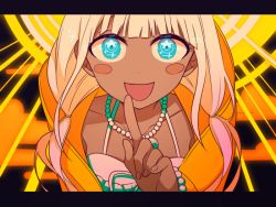 Rule 34 | 1girl, bead necklace, beads, danganronpa (series), danganronpa v3: killing harmony, dark-skinned female, dark skin, female focus, happy, jacket, jewelry, necklace, open mouth, seashell, shell, silver hair, smile, solo, twintails, yellow jacket, yonaga angie