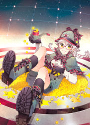 Rule 34 | 1girl, bad id, bad pixiv id, boots, braid, glasses, gloves, hat, nardack, original, smoking pipe, silver hair, solo, twin braids, twintails, yellow eyes