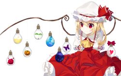 Rule 34 | 1girl, blonde hair, bug, butterfly, dress, flandre scarlet, flower, galaxy, hanging, hat, heart, bug, light bulb, neckerchief, ornament, plant, pumpkin, red dress, red eyes, ribbon, rose, short hair, simple background, sky, smile, solo, star (symbol), string, touhou, white background, wings, yusano