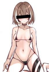 Rule 34 | 1girl, alternate costume, alternate hair length, alternate hairstyle, bikini, black bikini, black choker, black hair, blush, breasts, brown hair, choker, closed mouth, commentary, covered eyes, cropped legs, english commentary, highres, hololive, hololive english, m r b, medium breasts, micro bikini, multicolored hair, nanashi mumei, navel, simple background, sitting, solo, stomach, streaked hair, swimsuit, virtual youtuber, white background, white hair, yokozuwari