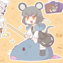 Rule 34 | 1girl, 2boys, animal ears, black footwear, blue capelet, capelet, cheese, cheese toppin (pizza tower), chef hat, chibi, commentary, english commentary, facial hair, food, full body, grey hair, grey skirt, grey vest, hat, highres, holding, looking at another, mouse ears, mouse girl, mouse tail, multiple boys, mushroom toppin (pizza tower), mustache, nazrin, open mouth, orange eyes, peppino spaghetti, pineapple toppin (pizza tower), pizza tower, sausage toppin (pizza tower), short hair, sitting on animal, skirt, socks, stupid rat (pizza tower), tail, teeth, tomato toppin (pizza tower), touhou, v-shaped eyebrows, vest, white socks, zenerat