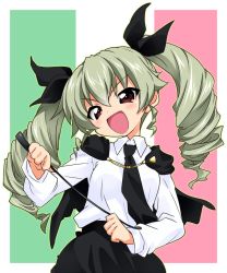 Rule 34 | 10s, 1girl, anchovy (girls und panzer), belt, black necktie, black ribbon, black skirt, cape, commentary, dress shirt, drill hair, flag background, girls und panzer, green hair, hair ribbon, holding, holding riding crop, italian flag, long hair, long sleeves, necktie, open mouth, outside border, pleated skirt, red eyes, ribbon, riding crop, school uniform, shirt, skirt, smile, solo, standing, take shinobu, twin drills, twintails, upper body, white shirt