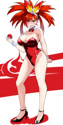 Rule 34 | 1girl, absurdres, animal ears, bare legs, bare shoulders, black footwear, blush, bow choker, breasts, cleavage, covered navel, creatures (company), curvy, fake animal ears, fake tail, flannery (pokemon), full body, game freak, high heels, highleg, highleg leotard, highres, holding, holding poke ball, large breasts, leotard, long hair, looking at viewer, lower teeth only, nintendo, open mouth, playboy bunny, poke ball, pokemon, pokemon oras, rabbit ears, rabbit tail, red eyes, red hair, red leotard, simple background, solo, strapless, strapless leotard, tail, teeth, tetsuji (i ttj f c), wide hips, wrist cuffs