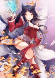 Rule 34 | 1girl, ahri (league of legends), alternate hair color, animal ears, autumn leaves, bare shoulders, black hair, breasts, cleavage, detached sleeves, energy ball, fingernails, fox ears, fox tail, korean clothes, koyuiko, large breasts, leaf, league of legends, long hair, looking at viewer, multiple tails, nail polish, slit pupils, solo, tail, very long hair, yellow eyes