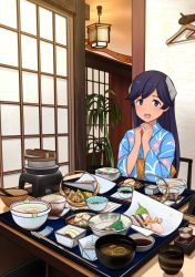 Rule 34 | 1girl, black eyes, black hair, blue kimono, commentary request, food, headgear, hitakikan, i-400 (kancolle), indoors, japanese clothes, kantai collection, kimono, lantern, long hair, looking at viewer, official alternate costume, plant, smile, solo, table, tan, upper body, yukata