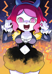 Rule 34 | 1girl, :d, animal crossing, black dress, blue headband, breasts, claw pose, cleavage, clothing cutout, collarbone, colored skin, cross-laced clothes, cross-laced dress, dress, eyelashes, fake horns, fangs, halloween, hands up, headband, highres, horns, legs apart, looking at viewer, medium breasts, muramasa mikado, navel, navel cutout, nintendo, open mouth, pink eyes, pink hair, puffy sleeves, short hair, smile, solo, standing, straight-on, swept bangs, villager (animal crossing), white skin